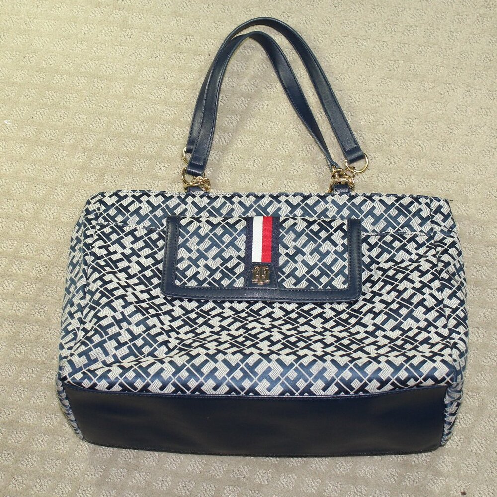 Tommy Hilfiger Woman's Tote Bag Navy Blue All Over Logo Leather & Chain Handle